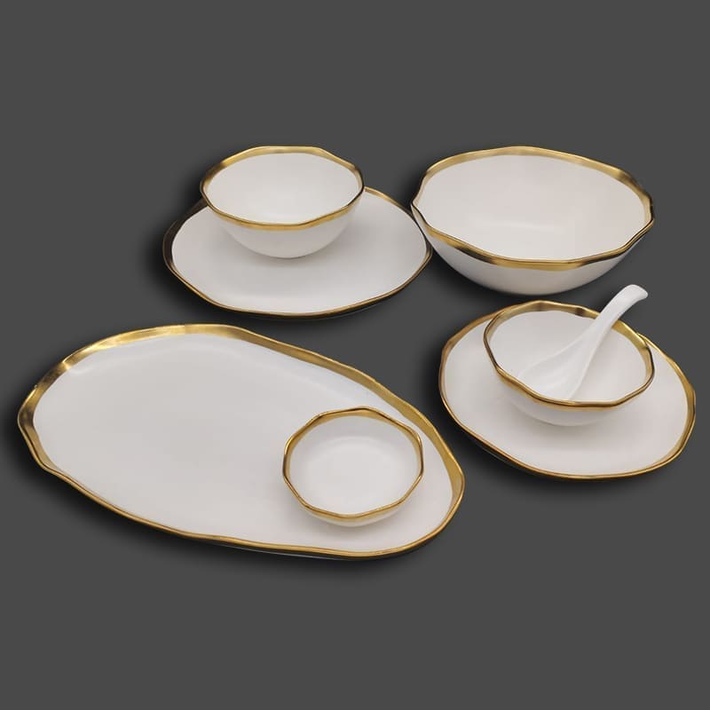 Dinner Set (White with Golden Border Wavy Plain)